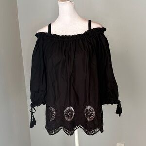 [LOFT] Black Off-Shoulder Blouse with Eyelet Detail - Size XS